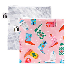 Load image into Gallery viewer, Roamio by Bumkins Reusable Snack Bag, Large 2 Pack: Disco Boots—2 waterproof pouches, one pink with cowboy boots, one gray & white mosaic.