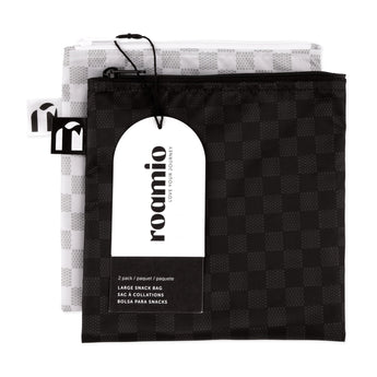 Roamio by Bumkins Reusable Snack Bag, Large 2 Pack: Rich & Boujee is shown with a black & white packaging tag.
