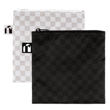 Load image into Gallery viewer, Roamio by Bumkins Reusable Snack Bag, Large 2 Pack: Rich & Boujee features 2 waterproof pouches with checkered designs—one black, one white.
