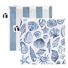 Load image into Gallery viewer, Roamio by Bumkins Reusable Snack Bag, Large 2 Pack: Coastal—2 waterproof zippered pouches, one with blue stripes & one with seashells on white.