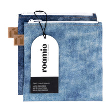 Load image into Gallery viewer, Roamio by Bumkins Reusable Snack Bag, Large 2 Pack: Denim on Denim is shown with a black & white packaging tag.