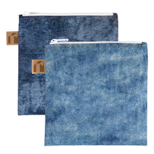 Load image into Gallery viewer, Roamio by Bumkins Reusable Snack Bag, Large 2 Pack: Denim on Denim includes 2 waterproof zippered pouches in light & dark wash denim prints.