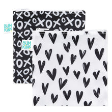 Load image into Gallery viewer, Bumkins Reusable Snack Bag, Large 2-Pack: XOXO & Hearts includes 2 zippered pouches made of black & white printed waterproof fabric.