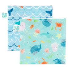 Load image into Gallery viewer, Bumkins Reusable Snack Bag, Large 2-Pack: Ocean Life & Whale Tail includes 2 blue waterproof zippered pouches with ocean-themed designs.