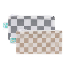 Load image into Gallery viewer, Bumkins Reusable Snack Bag, Small 2 Pack: Double Check in gray and beige checkered designs, crafted from waterproof fabric for durability.