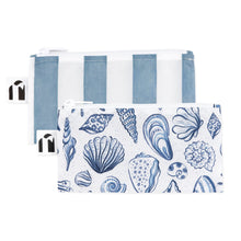 Load image into Gallery viewer, Roamio by Bumkins Reusable Snack Bag, Small 2 Pack: Coastal—2 waterproof zippered pouches, one with blue stripes & one with seashells on white.