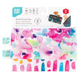 Bumkins Reusable Snack Bag, Small 2-Pack: Watercolor & Brush Strokes is shown on a white packaging header.