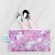 Load image into Gallery viewer, Pink utensils peek from the top of a purple Bumkins Reusable Snack Bag, Small 2-Pack: Rainbows & Unicorns on a marble surface.