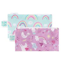 Load image into Gallery viewer, Bumkins Reusable Snack Bag, Small 2-Pack: Rainbows & Unicorns includes 2 waterproof pouches; blue with rainbows, & purple with unicorns.
