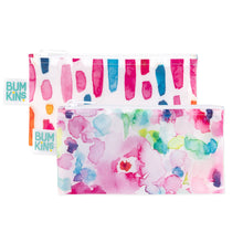 Load image into Gallery viewer, Bumkins Reusable Snack Bag, Small 2-Pack: Watercolor & Brush Strokes includes 2 waterproof zippered pouches with colorful watercolor designs.