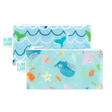 Load image into Gallery viewer, Bumkins Reusable Snack Bag, Small 2-Pack: Ocean Life & Whale Tail includes 2 zippered pouches with ocean designs on blue waterproof fabric.