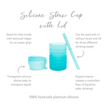 Load image into Gallery viewer, Infographic of Bumkins Silicone Straw Cup with Lid: 100% food-safe platinum silicone, sized for little hands, transparent silicone.