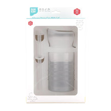 Load image into Gallery viewer, Bumkins Silicone Straw Cup with Lid: Gray is shown in a white packaging box, with a clear front window displaying the cup and straw.