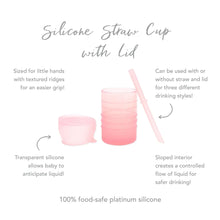 Load image into Gallery viewer, Infographic of Bumkins Silicone Straw Cup with Lid: 100% food-safe platinum silicone, sized for little hands, transparent silicone.