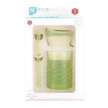 Load image into Gallery viewer, Bumkins Silicone Straw Cup with Lid: Sage is shown in a white packaging box, with a clear front window displaying the cup and straw.