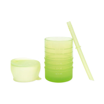 Bumkins Silicone Straw Cup with Lid: Sage features LFGB-grade silicone, lid and straw, and side measurements.