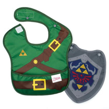Load image into Gallery viewer, Bumkins Caped SuperBib®: The Legend of Zelda™ Link is a green waterproof bib with a tunic and belt design with a gray shield-shaped cape.