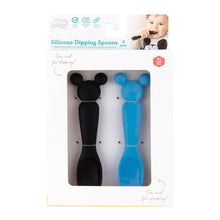 Load image into Gallery viewer, Bumkins Silicone Dipping Spoons: Mickey Mouse (Black and Blue) are shown in a white packaging box with a front window displaying the spoons.