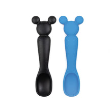 Load image into Gallery viewer, Bumkins Silicone Dipping Spoons: Mickey Mouse (Black and Blue) includes two food-safe silicone spoons with Mickey-shaped handle tips.