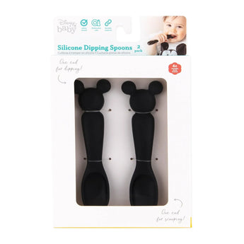 Bumkins Silicone Dipping Spoons: Mickey Mouse (Classic Black) are shown in a white packaging box with a front window displaying the spoons.