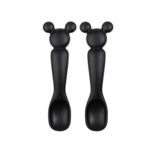 Load image into Gallery viewer, Bumkins Silicone Dipping Spoons: Mickey Mouse (Classic Black) includes two food-safe silicone spoons with Mickey-shaped handle tips.