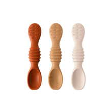 Load image into Gallery viewer, Bumkins Silicone Dipping Spoons 3 Pack: Rocky Road includes 3 silicone spoons in orange, beige, and tan, perfect for self-feeding.