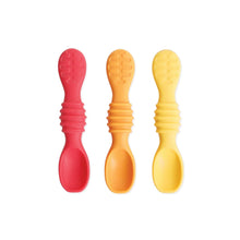 Load image into Gallery viewer, Bumkins Silicone Dipping Spoons 3 Pack: Tutti-Frutti features red, orange, and yellow self-feeding spoons with textured silicone handles.