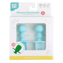 Load image into Gallery viewer, Bumkins Silicone Chewtensils®: Blue are shown in a white packaging box, with a clear front window displaying the product.