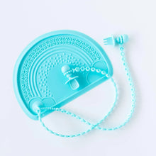 Load image into Gallery viewer, Bumkins Silicone Chewtensils®: Blue are by blue silicone tethers to a blue silicone placemat on a white background.
