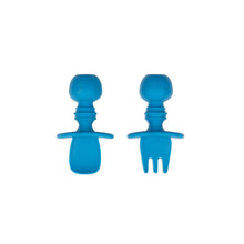 Load image into Gallery viewer, Bumkins Silicone Chewtensils®: Dark Blue includes two blue utensils with round handles made from 100% food-safe silicone.