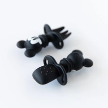 Load image into Gallery viewer, Bumkins Silicone Chewtensils®: Mickey Mouse are displayed on a white background with one face-down, showcasing sensory bumps on the back.