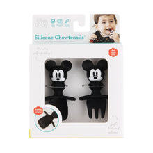 Load image into Gallery viewer, Bumkins Silicone Chewtensils®: Mickey Mouse are shown in a white packaging box, with a clear front window displaying the product.