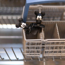 Load image into Gallery viewer, Bumkins Silicone Chewtensils®: Mickey Mouse sits in the utensil compartment of an open dishwasher.