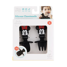 Load image into Gallery viewer, Bumkins Silicone Chewtensils®: Minnie Mouse are shown in a white packaging box, with a clear front window displaying the product.