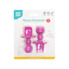 Load image into Gallery viewer, Bumkins Silicone Chewtensils®: Fuchsia are shown affixed to a white packaging card with a clear molded plastic front.