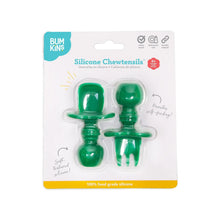Load image into Gallery viewer, Bumkins Silicone Chewtensils®: Jade are shown affixed to a white packaging card with a clear molded plastic front.