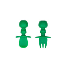 Load image into Gallery viewer, Bumkins Silicone Chewtensils®: Jade—two dark green utensils with rounded handles made from 100% food-safe silicone.