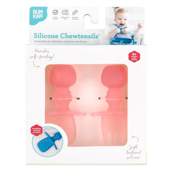 Bumkins Silicone Chewtensils®: Pink Jelly are shown in a white packaging box, with a clear front window displaying the product.