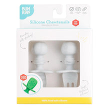 Load image into Gallery viewer, Bumkins Silicone Chewtensils®: Marble are shown in a white packaging box, with a clear front window displaying the product.