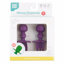 Load image into Gallery viewer, Bumkins Silicone Chewtensils®: Purple are shown in a white packaging box, with a clear front window displaying the product.