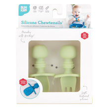 Load image into Gallery viewer, Bumkins Silicone Chewtensils®: Sage are shown in a white packaging box, with a clear front window displaying the product.
