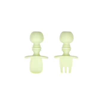 Bumkins Silicone Chewtensils®: Sage—two light green utensils with rounded handles made from 100% food-safe silicone.
