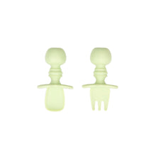 Load image into Gallery viewer, Bumkins Silicone Chewtensils®: Sage—two light green utensils with rounded handles made from 100% food-safe silicone.