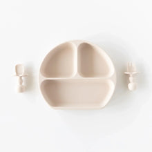 Load image into Gallery viewer, Bumkins Silicone Chewtensils®: Sand sit on either side of a matching divided plate on a white background.