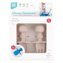 Load image into Gallery viewer, Bumkins Silicone Chewtensils®: Sand are shown in a white packaging box, with a clear front window displaying the product.