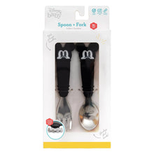 Load image into Gallery viewer, Bumkins Spoon + Fork: Mickey Mouse is shown in a white packaging box with a clear front window displaying the set of utensils.