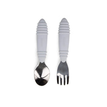 Load image into Gallery viewer, Bumkins Spoon + Fork: Gray includes two utensils with gray ribbed silicone handles and stainless steel heads.