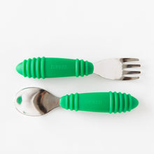 Load image into Gallery viewer, Bumkins Spoon + Fork: Jade are neatly arranged on a white background.