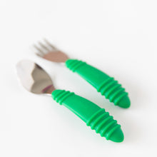 Load image into Gallery viewer, Close-up of Bumkins Spoon + Fork: Jade on a white background with focus on the handles.