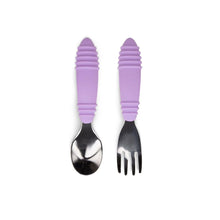 Load image into Gallery viewer, Bumkins Spoon + Fork: Lavender includes two utensils with light purple ribbed silicone handles and stainless steel heads.